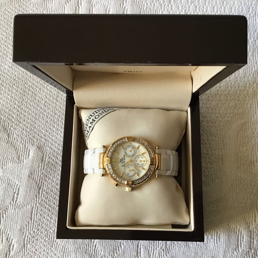 Anne Klein Swiss genuine diamond gold tone white ceramic mother of pearl watch - Picture 3 of 12